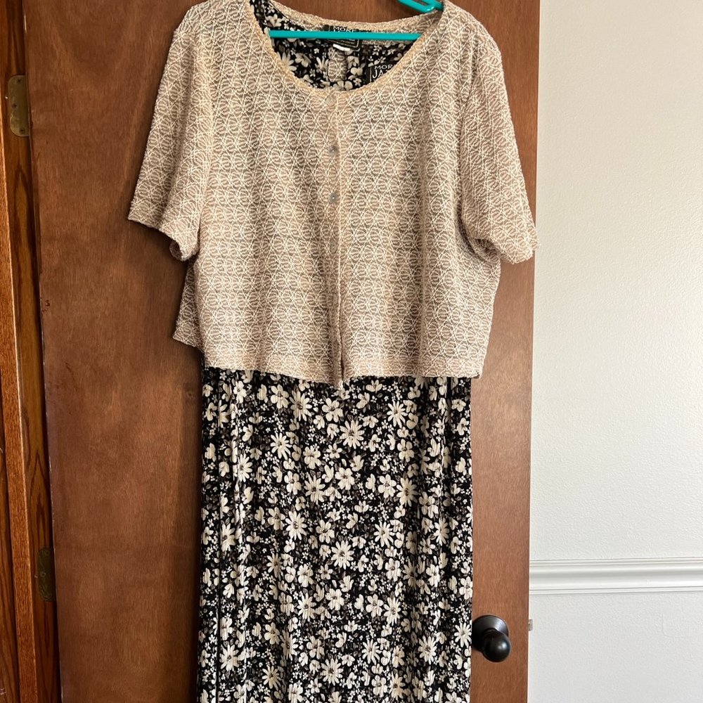 Black dress with tan flowers, cropped lacy jacket. Size 16